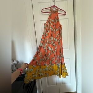 Cotton and silk orange trapeze-style midi-dress with beaded neckline